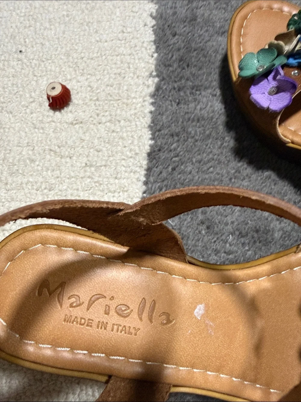 Tan Leather Sandals with Multicolor Floral Appliqués